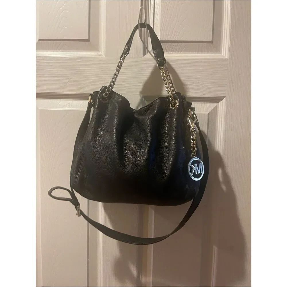 Michael Kors Black Pebbled Leather Shoulder Hobo with Gold Chain & logo accents